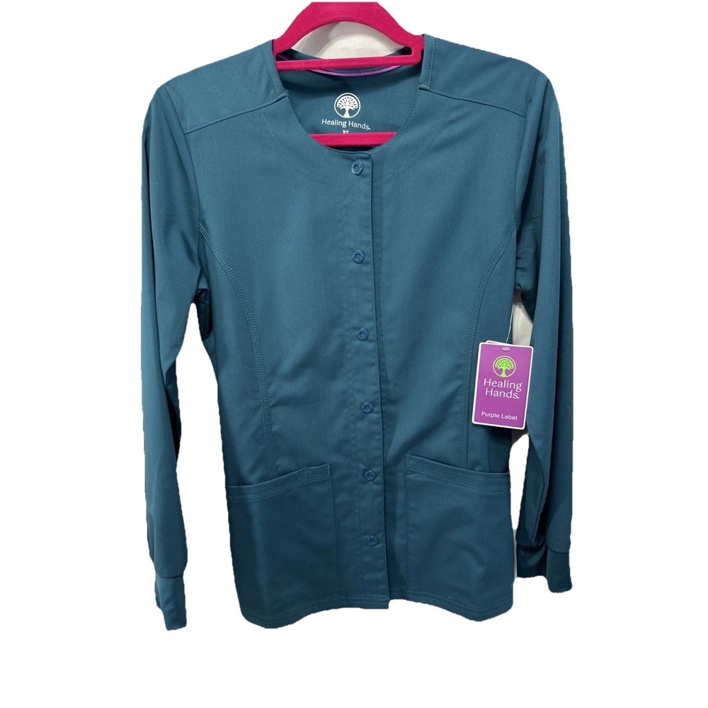 Healing Hands Purple Label Daisy Snap-Up Round Neck Scrub Jacket Teal XS NEW